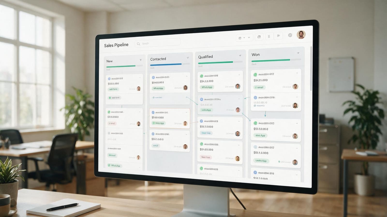 A pipeline board on a screen showing enquiries moving through stages from new to qualified to won, with channel labels for web form, WhatsApp and email