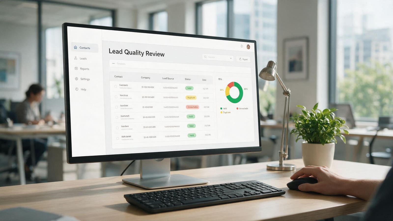 A screen showing a lead list being reviewed for quality, with rows marked valid, duplicate and unreachable beside a summary chart