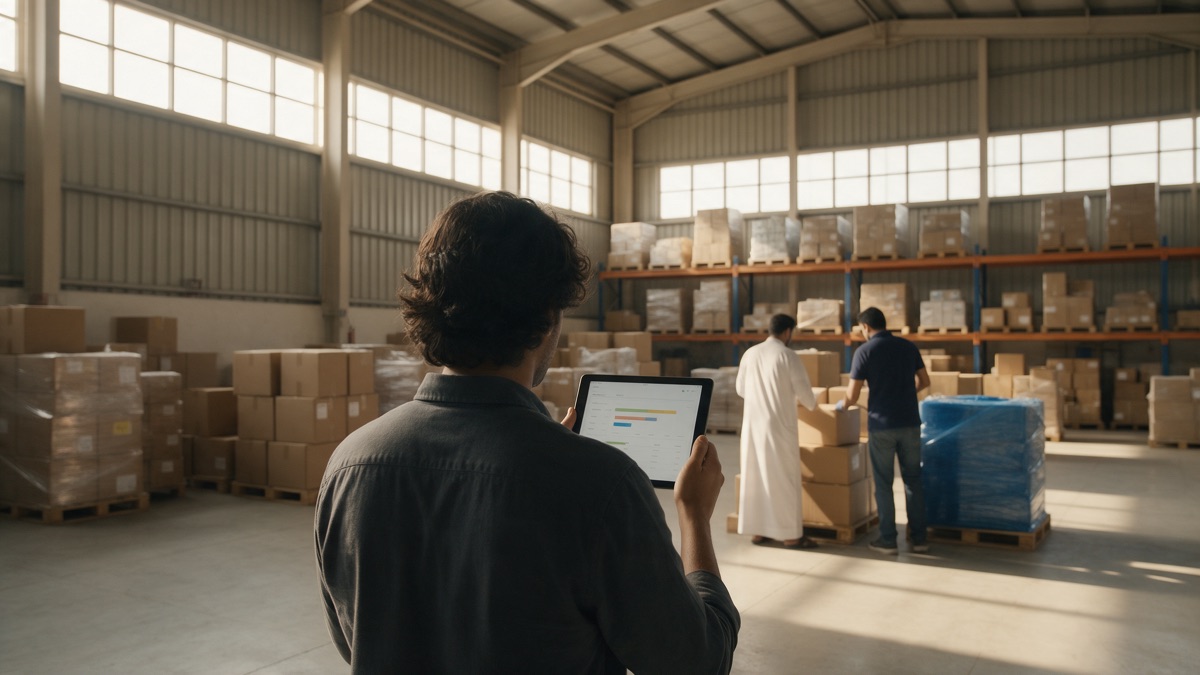 Staff member in a Jebel Ali wholesale warehouse, seen from behind, checking an order status and stock dashboard on a tablet while two colleagues, one in a white kandura, pack cartons beside a blue wrapped pallet